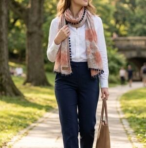 NATURAL LIFE Peach-Cream Scarf with Navy Pom Trim